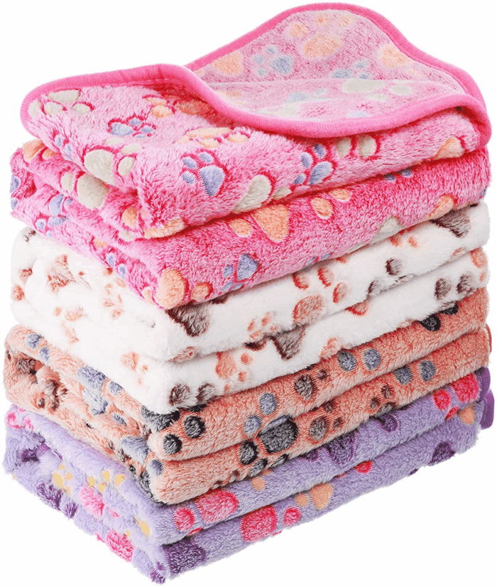 4 Pcs Dog Blanket for Pet Puppy Teething Toys Paw Print Fleece Blanket for Pet Cat Soft Warm Sleep Mat Guinea Pig Cage Mat(Small(24 X 16 Inch),White, Coffee, Pink, Purple)