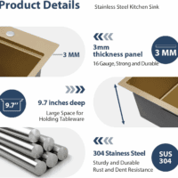 33 Drop in Kitchen Sink Workstation Gold 33X22 Drop in Sinks Stainless Steel 16 Gauge Single Bowl Handmade Topmount Kitchen Sink with Cutting Board - Image 7