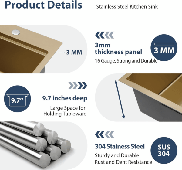 33 Drop in Kitchen Sink Workstation Gold 33X22 Drop in Sinks Stainless Steel 16 Gauge Single Bowl Handmade Topmount Kitchen Sink with Cutting Board - Image 7