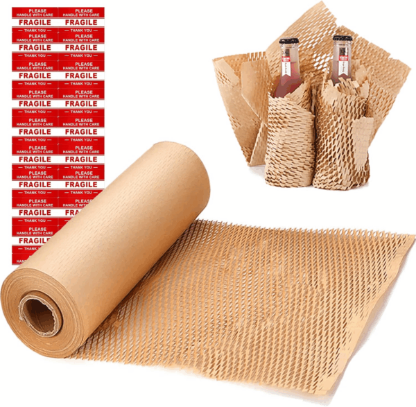 Honeycomb Packing Paper Wrap 15"X131' Sustainable Alternative to Bubble Wrap for Moving/Shipping/Packing Roll with 20 Fragile Sticker Biodegradable & Fully Recylable…