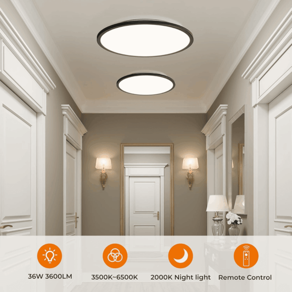 15.4In LED Flush Mount Ceiling Light Fixture with Remote, 2000K Warm Nightlight, Dimmable 3000K-6500K Low Profile Ceiling Lights for Bedroom, Living Room, 3600LM Black - Image 6