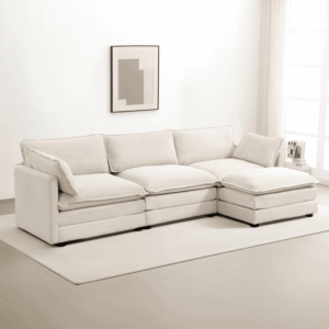 Oversized Modular Sectional Sofa with Movable Ottoman, 112 Inch 4 Seat Modern Corduroy Sofa Set, Convertible L Shaped Couch for Living Room and Office, Beige