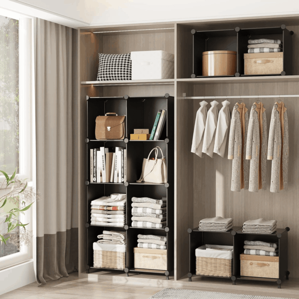 Cube Storage Organizer Closet Storage Shelves DIY Stackable Plastic Storage 12 Cube Bookshelf, Ideal Storage Organizer for Closet, Home, Bedroom, Black - Image 4