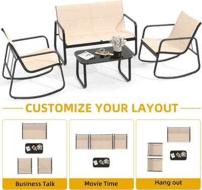 4-Piece Patio Furniture Set, Textilene Conversation Set with 2 Rocking Chairs and Tempered Glass Coffee Table, Perfect for Indoor Patio Lawn Garden Poolside, Brown - Image 6