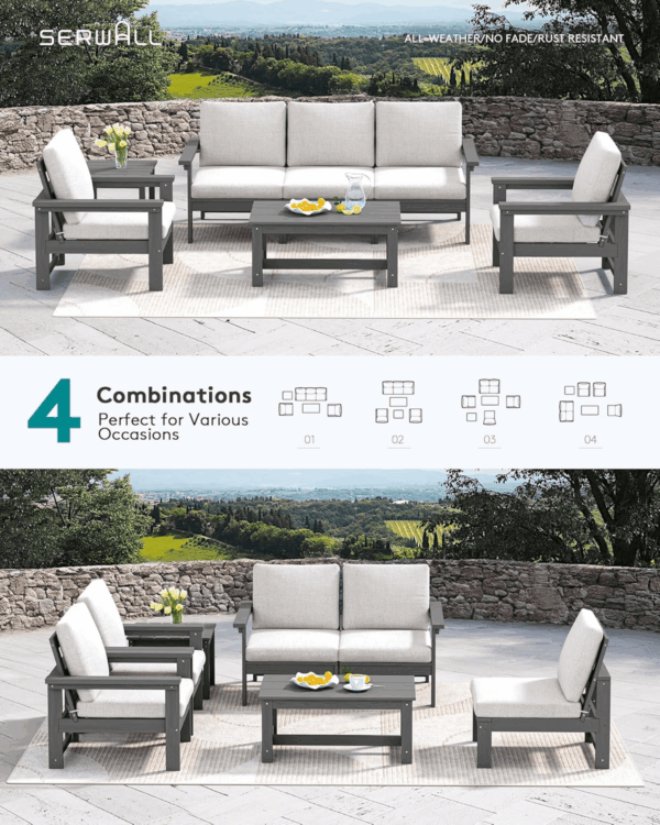 HDPE Outdoor Patio Furniture Set, 7-Piece Outdoor Sectional Patio Conversation Set, All Weather Outdoor Couch Set Patio Sofa Set for Deck, Lawn, Grey Frame with Khaki Cushion - Image 8