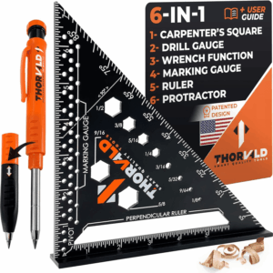 6-In-1 Carpenter Square 7 Inch (1/16" Precision) T Square Multi-Purpose Carpenter Tools : Wrench, Square, Protractor, Ruler, Marking Gauge, Drill Gauge, Includes 2-In-1 Carpentry Pencil
