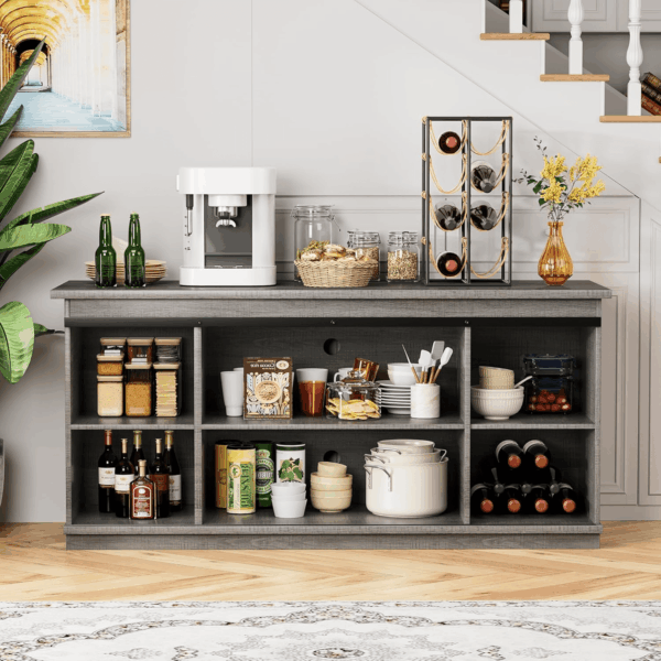 Farmhouse Sideboard Buffet Cabinet, Coffee Bar Storage with Sliding Barn Doors, Shelf for Home Dining Room, Grey - Image 5