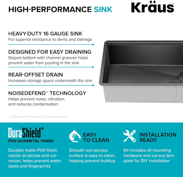 Kore Workstation 32-Inch Undermount 16 Gauge Black Stainless Kitchen Sink, Single Bowl Kitchen Sink in PVD Gunmetal Finish with Accessories, KWU110-32/PGM - Image 5