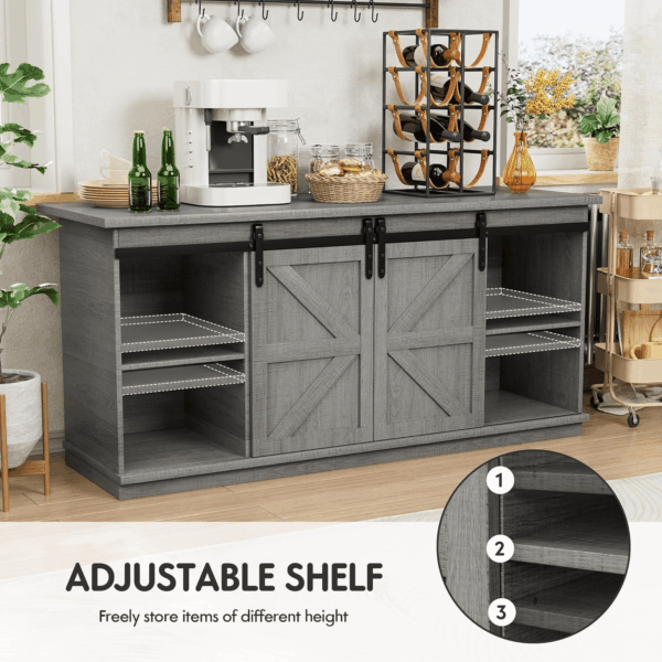 Farmhouse Sideboard Buffet Cabinet, Coffee Bar Storage with Sliding Barn Doors, Shelf for Home Dining Room, Grey - Image 6