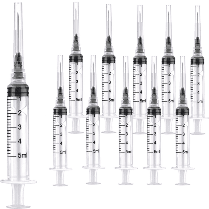 100 Pack 5Ml 22Ga Plastic Syringe with Measurement for Scientific Labs and Industrial Dispensing, Disposable Individually Wrapped (100, 5Ml-22Ga)