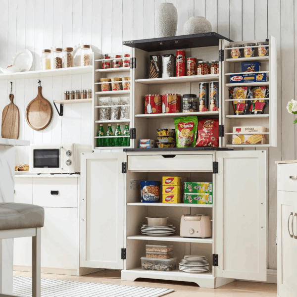 72" Tall Kitchen Pantry, Farmhouse Storage Cabinet with Barn Doors, Organizer, Drawer and Adjustable Shelves, Rustic Wood Cupboard for Kitchen, Dining Room, Bathroom, off White - Image 3