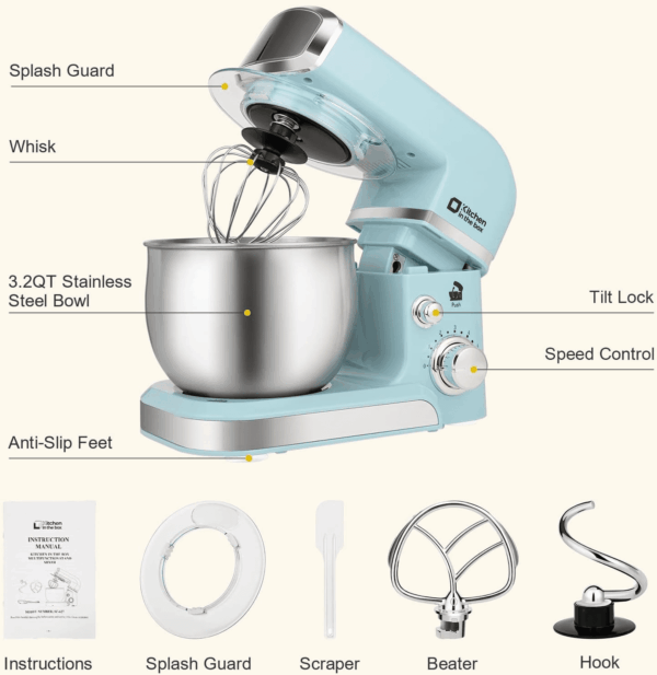 Stand Mixer,3.2Qt Small Electric Food Mixer,6 Speeds Portable Lightweight Kitchen Mixer for Daily Use with Egg Whisk,Dough Hook,Flat Beater (Blue) - Image 3