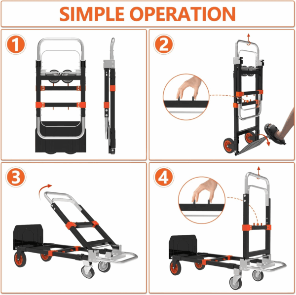 3 in 1 Heavy Duty Folding Hand Truck, Convertible Portable Steel Dolly with Telescopic Handle, Foldable Utility Cart with Rubber Wheels, 500 LB Capacity - Image 3