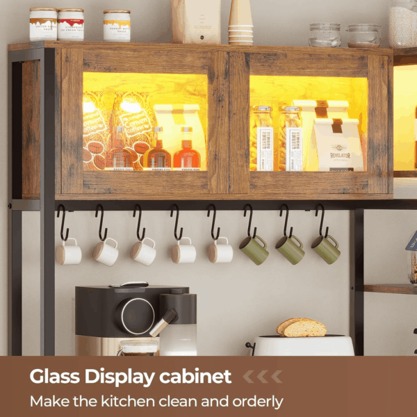 Bakers Rack with Power Outlet and LED Light, 45.3 Inch Farmhouse Coffee Bar Cabinet, Kitchen Microwave Stand with Storage, Glass Cabinet, Goblet Holder and 8 Hooks (Rustic Brown) - Image 5