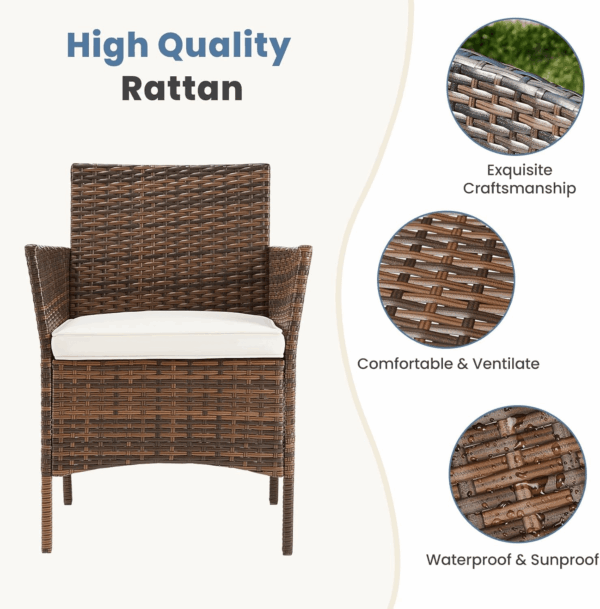 Patio Furniture Set 3 Pieces, Outdoor Wicker Furniture with Coffee Table, Modern Rattan Patio Chairs Conversation Sets with Sofa for Garden, Terrace, Porch, Balconies, Lawns, Brown - Image 3