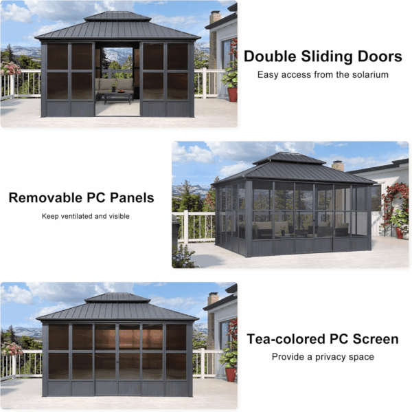 12' X 14' Solarium Sunroom Permanent Hardtop Gazebo Galvanized Steel Double Roof Aluminum Outdoor Screen House for Lawn Deck Backyard Grey - Image 4