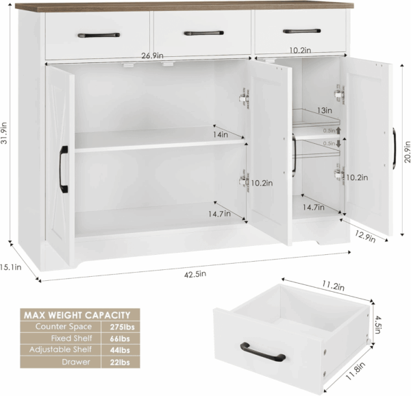 Modern Farmhouse Sideboard Buffet Cabinet, Barn Doors Buffet Storage Cabinet with Drawers and Shelves, Wood Coffee Bar with Storage for Kitchen, Dining Room, Living Room, White - Image 3