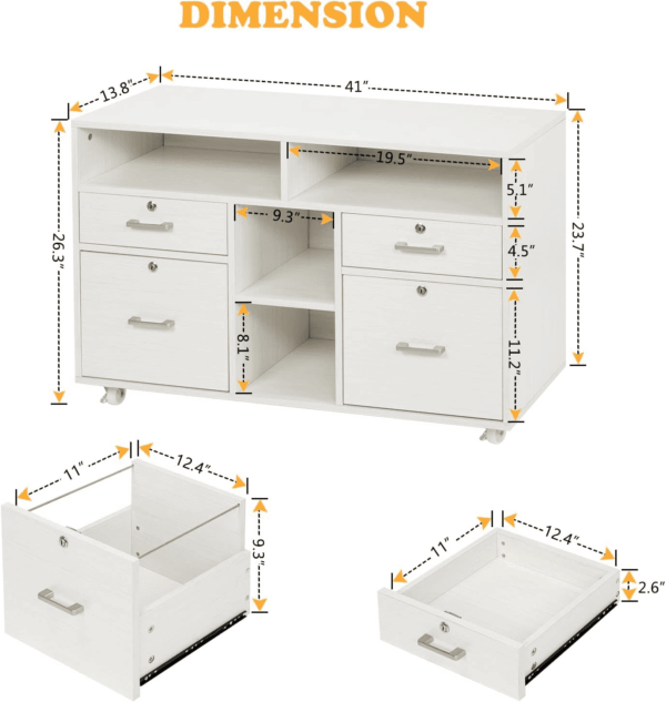 Wood Mobile File Cabinet with 4 Drawers and Shelves, Printer Stand with Open Storage, Lockable Lateral Filing Cabinet for Home Office, Assembly Required, Light Beige Close to White - Image 3