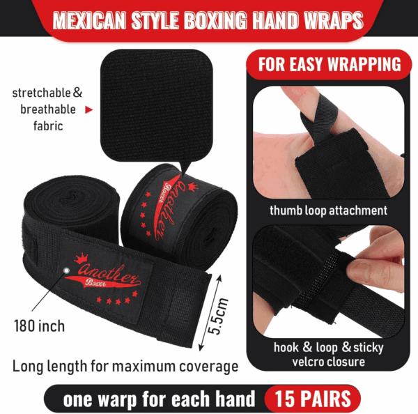 15 Pairs Boxing Wraps for Hand 180 Inch Boxing Hand Wraps Bulk Martial Arts Sports Handwraps for Boxing Kickboxing Mexican Style Hand Wraps for Muay Thai MMA Kickboxing Training Gym (Classic Colors) - Image 2