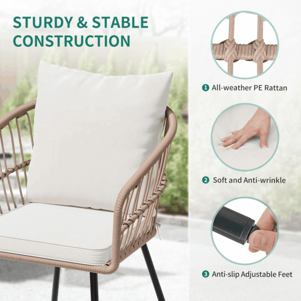 3 Pieces Outdoor Wicker Patio Conversation Bistro Set, All-Weather Rattan Patio Furniture Set with Table & Cushions, Outdoor Sectional Sofa for Patio, Balcony, Backyard, Deck - Image 5