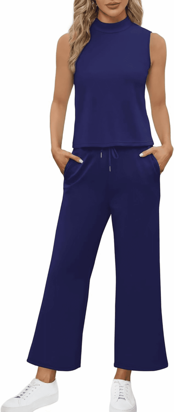 Two Piece Sets for Women Summer Outfits Lounge Sets Mock Neck Tops Wide Leg Crop Pants Vacation Travel Outfits - Image 3