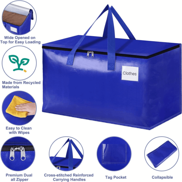 Moving Bags-Heavy Duty Moving Boxes, Storage Totes with Zipper, Reinforced Handles and Tag Pocket-Collapsible Moving Supplies for Moving, Storage and Travel 93L(Blue-6 Pack) - Image 3