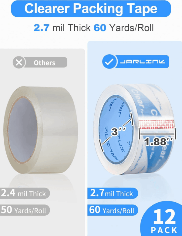 Clearer Packing Tape 12 Rolls, Heavy Duty Packaging Tape for Shipping Packaging Moving Sealing, 2.7Mil Thick, 1.88 Inches Wide, 60 Yards per Roll, 720 Total Yards - Image 3