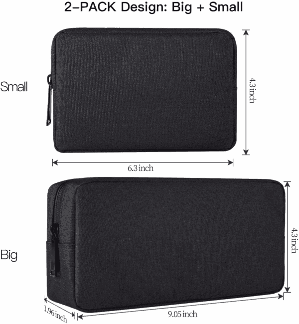 Universal Electronics Accessories Case, 2-Pack Portable Soft Carrying Case Bag Wire Cable Organizer for Hard Drive, Power Adapter, Laptop Mouse, Cosmetics Kit, Small+Big-Black - Image 2