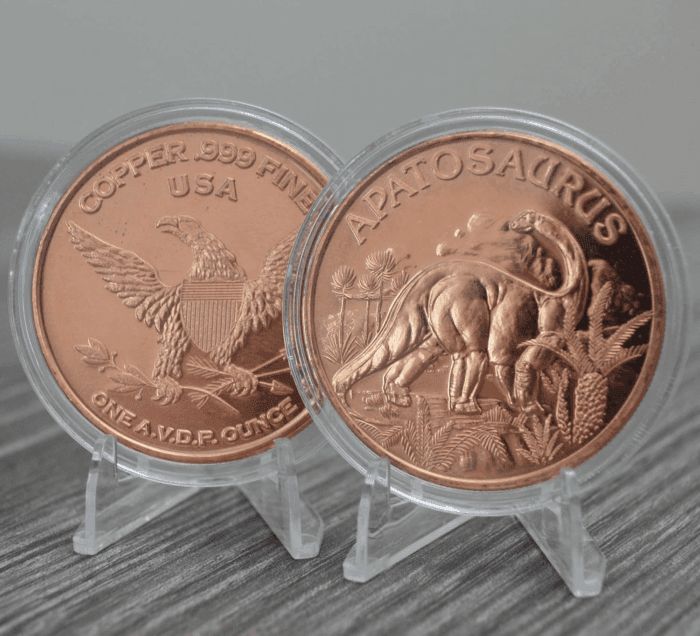 Apatosaurus Prehistoric Dinosaur - 1 Oz .999 Pure Copper round Collecticble 39Mm Challenge Coin in Capsule - COA by - Image 2