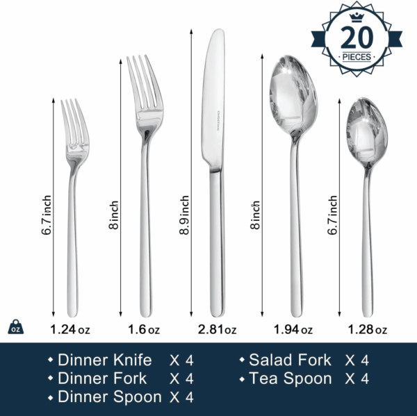 Silverware Set, 20 Piece Flatware Cutlery Set for 4, 18/10 Stainless Steel Silverware Mirror Polished Dishwasher Safe for Home, Restaurant, Wedding, Party(Silver, 20 Pieces for 4) - Image 4