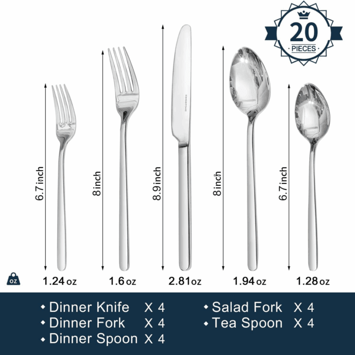 Silverware Set, 20 Piece Flatware Cutlery Set for 4, 18/10 Stainless Steel Silverware Mirror Polished Dishwasher Safe for Home, Restaurant, Wedding, Party(Silver, 20 Pieces for 4) - Image 4
