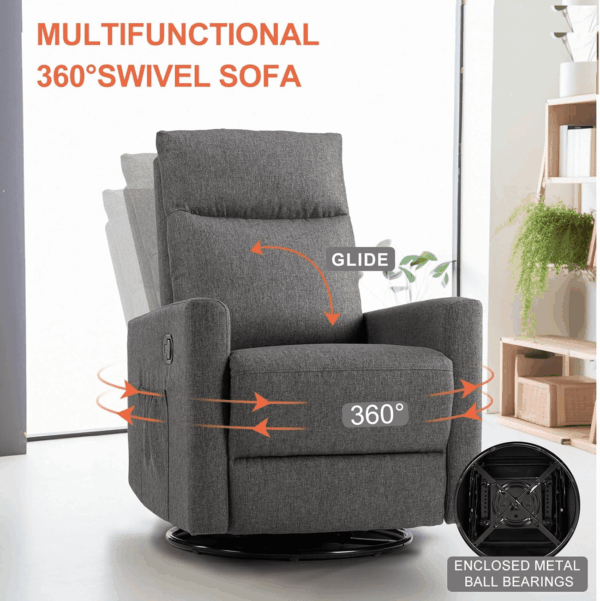 Recliner Chair, 360 Swivel Rocker Chair for Adults, Glider Rocker Recliners, Nursery Chairs for Living Room, High Back, Upholstered Deep Seat, Grey - Image 3