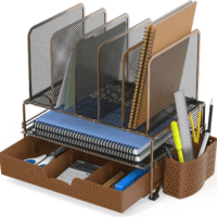 Mesh Desk Organizer with Sliding Drawer, Double Tray and 5 Upright Sections, Copper - Image 5