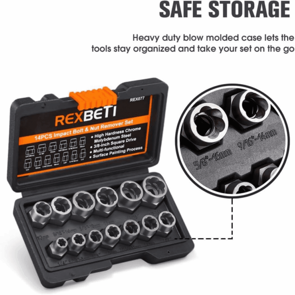 Impact Bolt & Nut Remover Set, 13+1 Pieces Bolt Extractor Tool Set with Solid Storage Case - Image 6