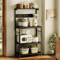 Kitchen Bakers Rack with Power Outlet, Coffee Bar Table 4 Tiers, Kitchen Microwave Stand with 6 S-Shaped Hooks, Kitchen Storage Shelf Rack for Spices, Pots and Pans - Black - Image 7