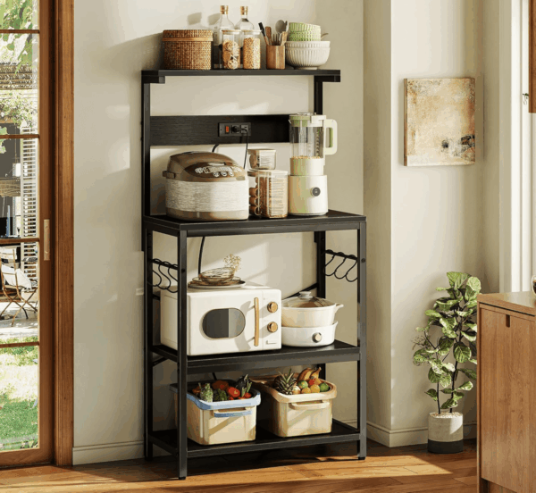 Kitchen Bakers Rack with Power Outlet, Coffee Bar Table 4 Tiers, Kitchen Microwave Stand with 6 S-Shaped Hooks, Kitchen Storage Shelf Rack for Spices, Pots and Pans - Black - Image 7