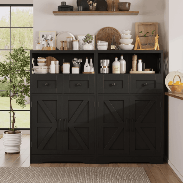 Black Storage Cabinet with Drawers and Shelves, Freestanding Black Kitchen Pantry, Floor Storage Cabinet Hutch Cupboard for Dining, Living Room, Home Office - Image 4