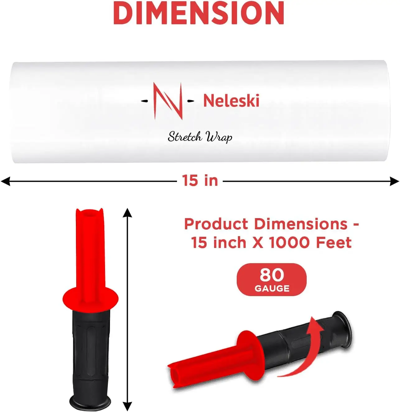 Stretch Wrap Roll with Handle 15” X 1000Ft – 80 Gauge – Heavy Duty Plastic Shrink Wrap Roll with Rotating Handles for Pallet Wrap Film - Plastic Wrap for Moving Supplies - Shrink Wrap for Moving, - Image 2
