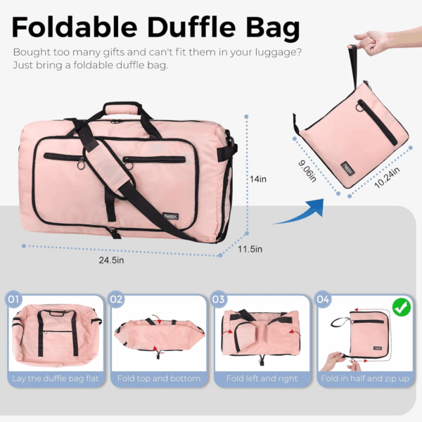 65L Duffle Bag with Shoes Compartment, Foldable Travel Duffel Bags for Men Women, Large Packable Travel Bag Water Repellent & Tear Resistant (Light Pink) - Image 3