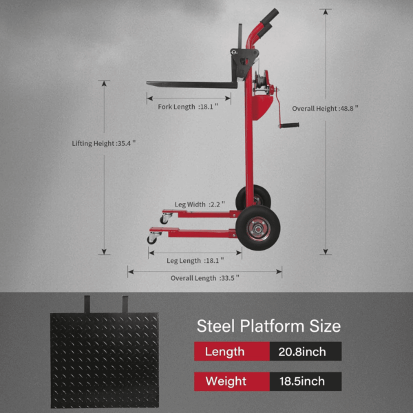 Material Lift Winch Stacker, Manual Pallet Truck Dolly 440 Lbs Capacity, 35.4" Max Lift Swivel Casters Lift Table, Fork Lift with Steel Platform - Image 2