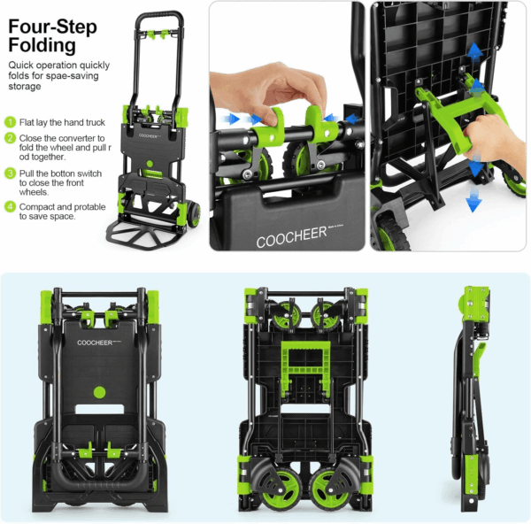 330LB Folding Hand Truck Heavy Duty Carrying, Combination of Four Wheels and Two Wheels Convertible Dolly Cart with Retractable Handle Dolly for Moving Office Carts(Green) - Image 4