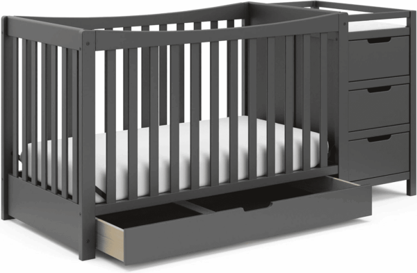 Remi 4-In-1 Convertible Crib & Changer with Drawer (Gray) – GREENGUARD Gold Certified, Crib and Changing -Table Combo, Includes Changing Pad, Converts to Toddler Bed, Daybed and Full-Size Bed