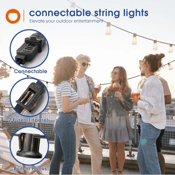 100FT(50FT*2) LED Outdoor String Lights Waterproof Patio Lights with Shatterproof ST38 Replaceable Bulbs, Dimmable outside Hanging Light Connectable for Porch, Backyard, 2200K - Image 7