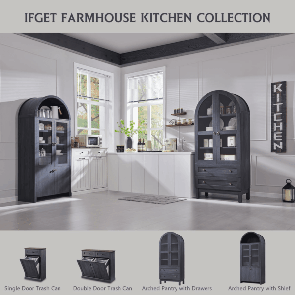 71" Tall Arched Kitchen Pantry Cabinet, Wood Kitchens Storage Cabinets with 2 Large Drawers and Adjustable Shelves, Modern Farmhouse Versatile Cupboard for Kitchen, Dining Room, Bathroom, Grey - Image 6