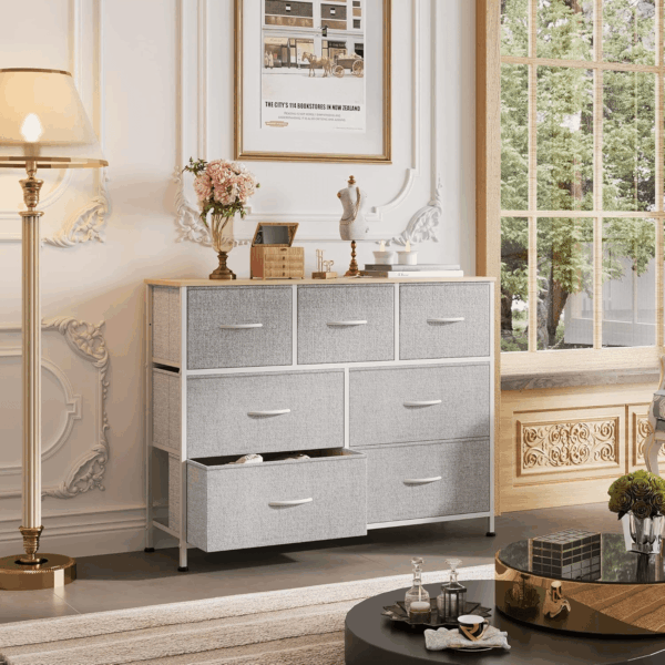 7 Drawer Dresser TV Stand, Entertainment Center, Media Console Table with Metal Frame and Wood Top for TV up to 45 Inch, Chest of Drawers for Bedroom, Living Room, Light Grey - Image 2