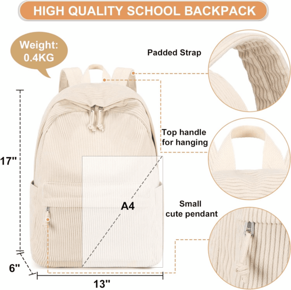 School Backpack for Teens Large Corduroy Bookbag Lightweight 17 Inch Laptop Bag for Girls Women Casual High School College (Corduroy-Beige) - Image 4