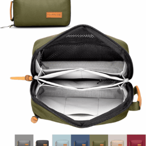 Tech Bag Organizer - Small Electronics Organizer Pouch for Travel - Premium Travel Case with Leather Accents - Mesh Pocket for Cables, Cords and Chargers (Green)