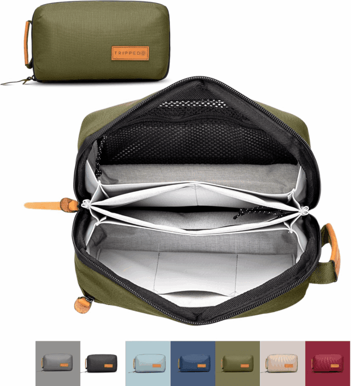 Tech Bag Organizer - Small Electronics Organizer Pouch for Travel - Premium Travel Case with Leather Accents - Mesh Pocket for Cables, Cords and Chargers (Green)
