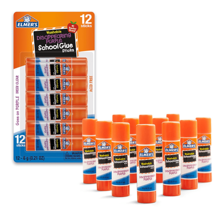 Disappearing Purple School Glue Sticks, Washable and Non-Toxic, 6 Grams, Pack of 12 - Ideal for School and Craft Projects