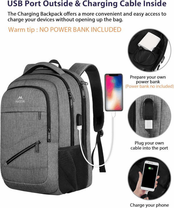 Travel Laptop Backpack, 17 Inch Business Flight Approved Carry on Backpack, TSA Large Computer Bag for Men Women with USB Port and Trolley Sleeve, College School Tactical Book Bag, Grey - Image 4